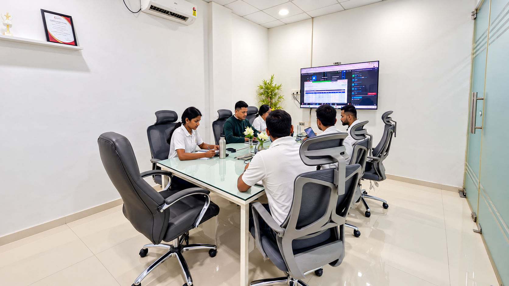 Focused modern office review and strategy meeting