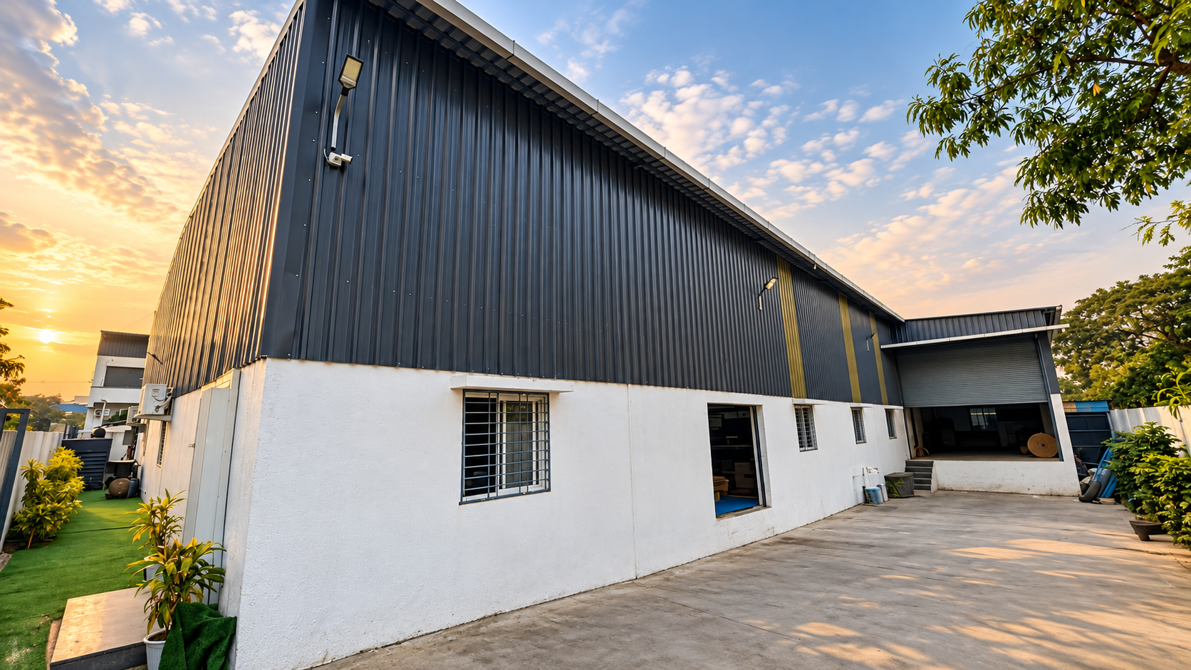 VEVRA industrial warehouse facility at sunset