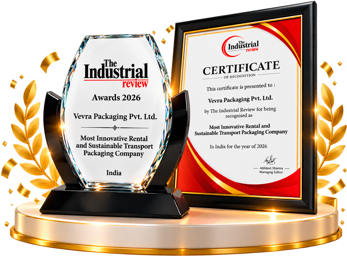 The Industrial Review Awards 2026 Crystal Trophy and Certificate of Recognition on Golden Podium - VEVRA Packaging